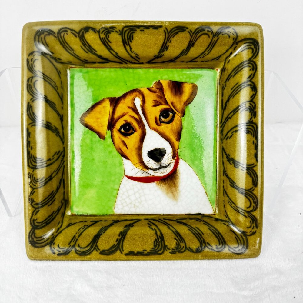 Jack Russell Terrier 2003 Trinket Dish Tile Plate Olive Green Ceramic Art Hand